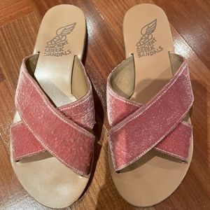 Cutest Ancient Greek Sandals pink suede slide sandals!